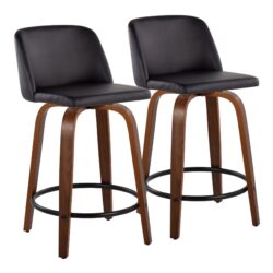 Toriano - Mid-Century Modern Fixed Height Counter Stool With Swivel With Round Footrest (Set of 2) - Walnut / Black