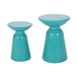Serenita - Outdoor Iron Side Tables With Flared Design, (Set of 2) - Teal