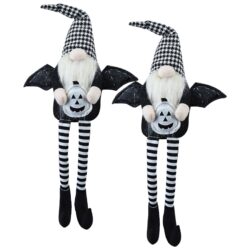 Sitting Gnome With Wings & Plaid Hat, For Halloween Decor (Set of 2) - Black White
