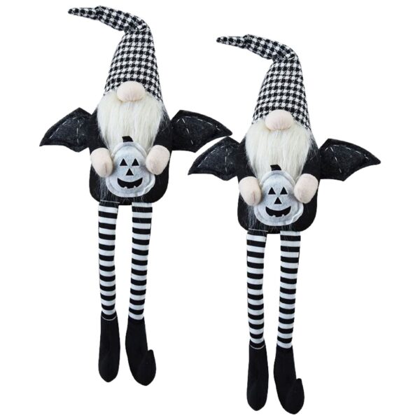 Sitting Gnome With Wings & Plaid Hat, For Halloween Decor (Set of 2) - Black White