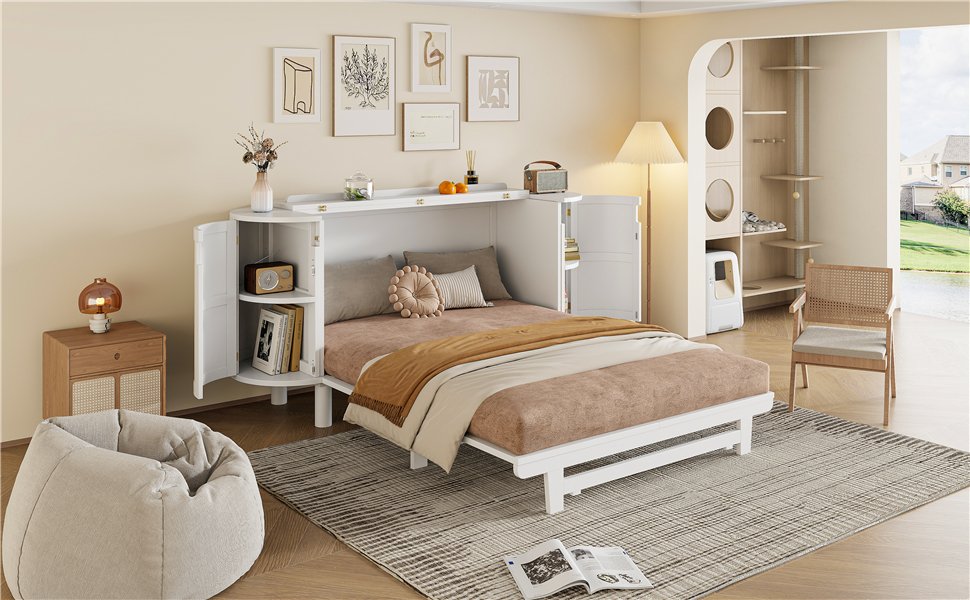 Queen Murphy Bed With Hidden Storage & Modern Woven Design - White - Image 15