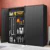 Metal Wardrobe Cabinet With Hanging Rod And Lock Adjustable Shelves Clothing Locker Storage - Black - Image 9
