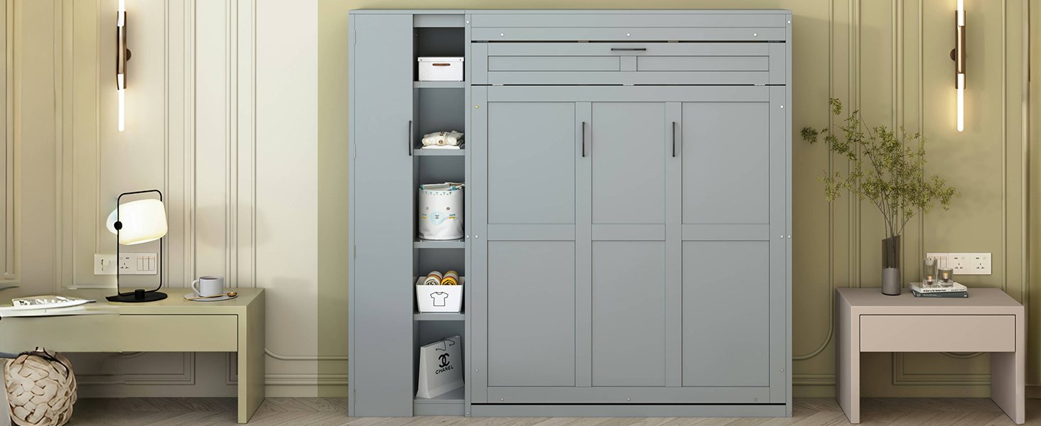 Full Size Murphy Wall Bed With Shelves, Wardrobe And LED Lights - Gray - Image 26