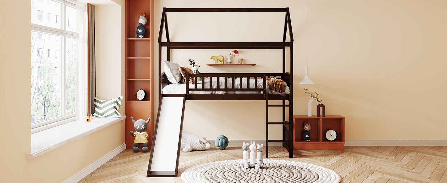 Twin House Loft Bed With Slide - Espresso - Image 3