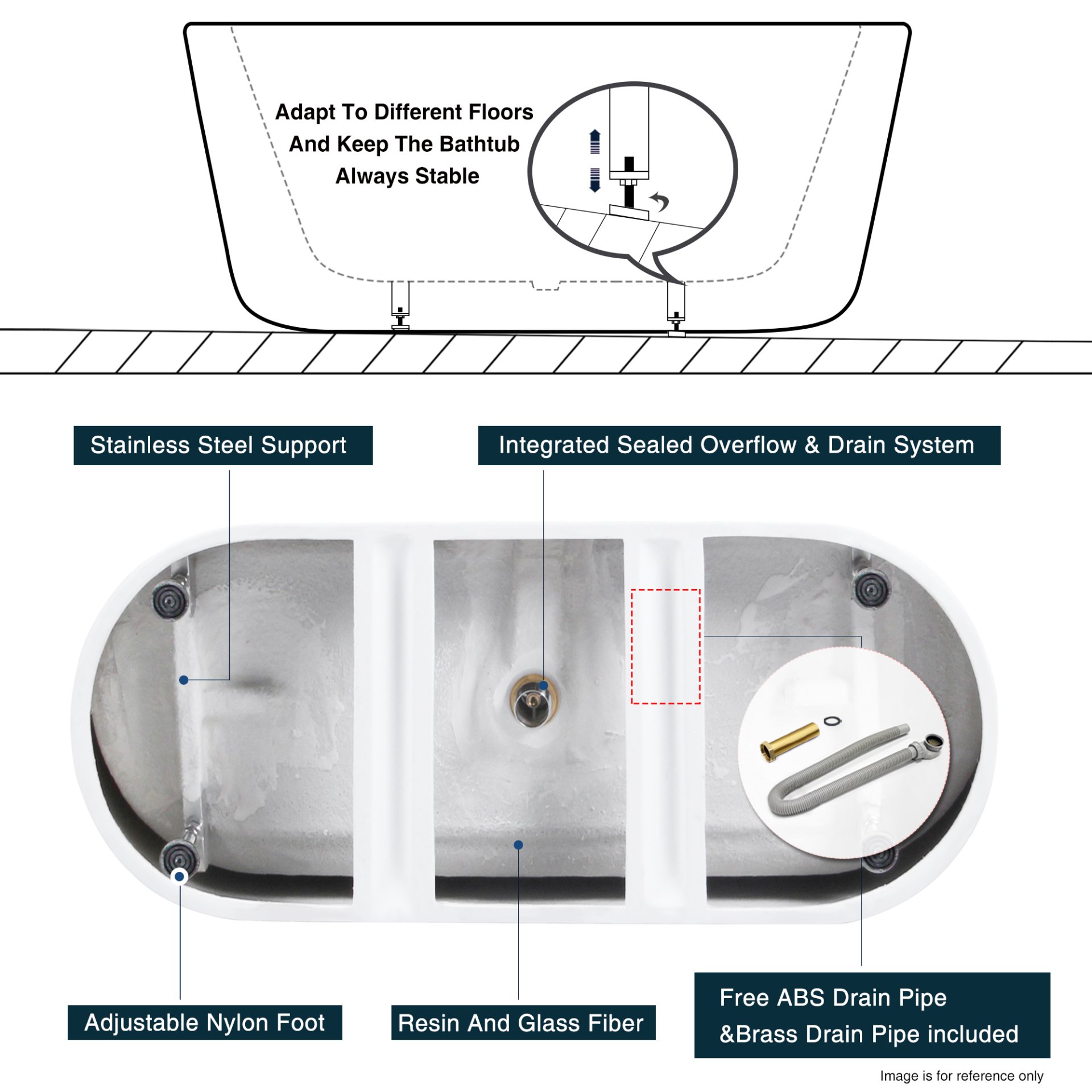Freestanding Bathtub, Modern & Contemporary Design, Soaking Tub With Toe-Tap Drain In Chrome And Classic Slotted Overflow - Glossy White - Image 6