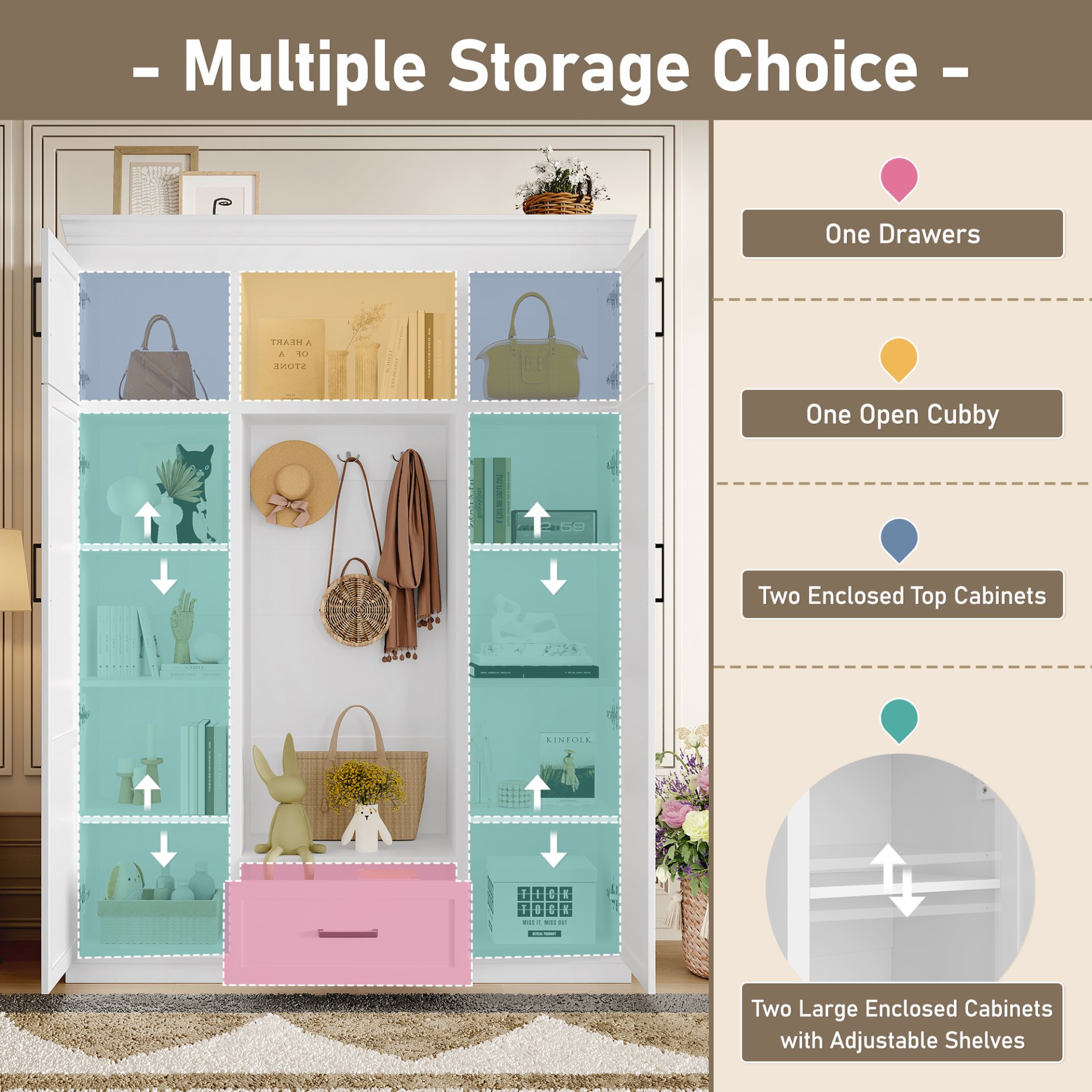 Hall Tree With Bench And 3 Hooks, Modern Entryway Storage Organizer Cabinet With 4 Doors, 1 Drawer And Adjustable Shelves For Hallway, Entryway, Living Room - White - Image 6