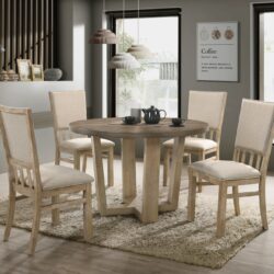 Brutus - 5 Piece Wide Contemporary Round Dining Table With Wheat Colored Fabric Chairs (Set of 5) - Vintage Walnut
