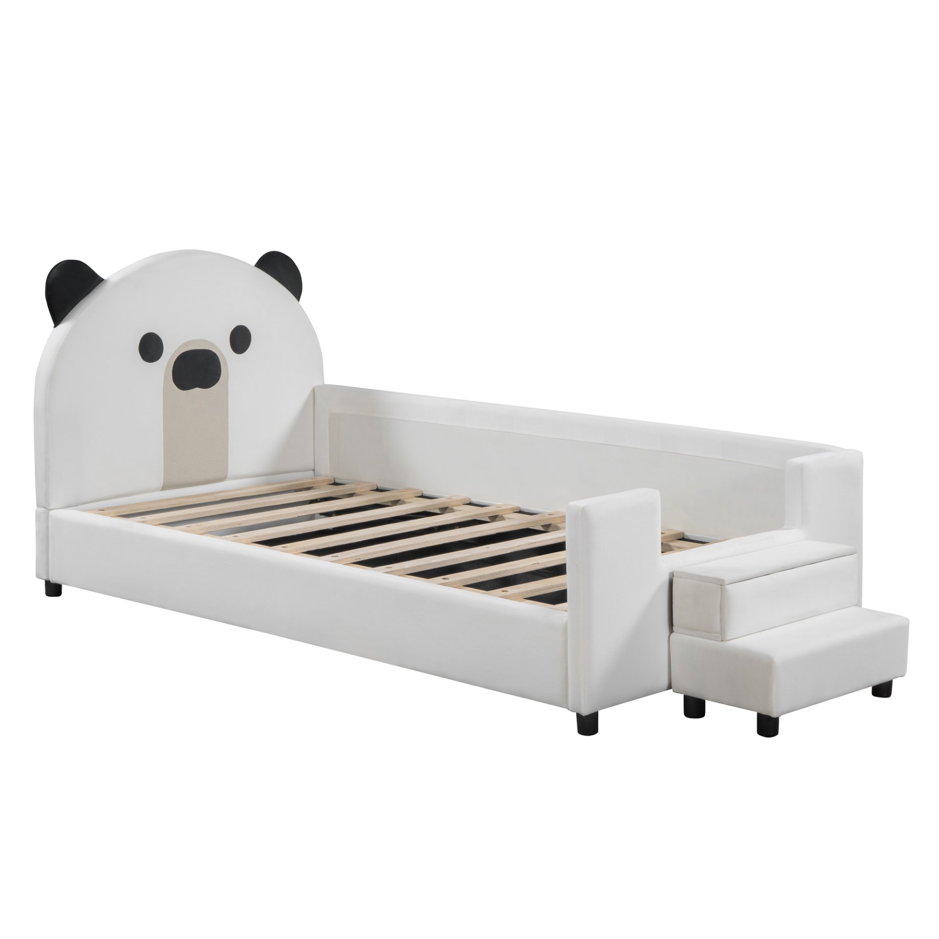 Twin Size Upholstered Daybed With Bear Shaped Headboard, Hydraulic System And Breathable Mesh Fence - White - Image 5