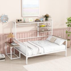 Full Size Daybed With Movable Desk, Grid, Shelves And Clothes Hanger - White
