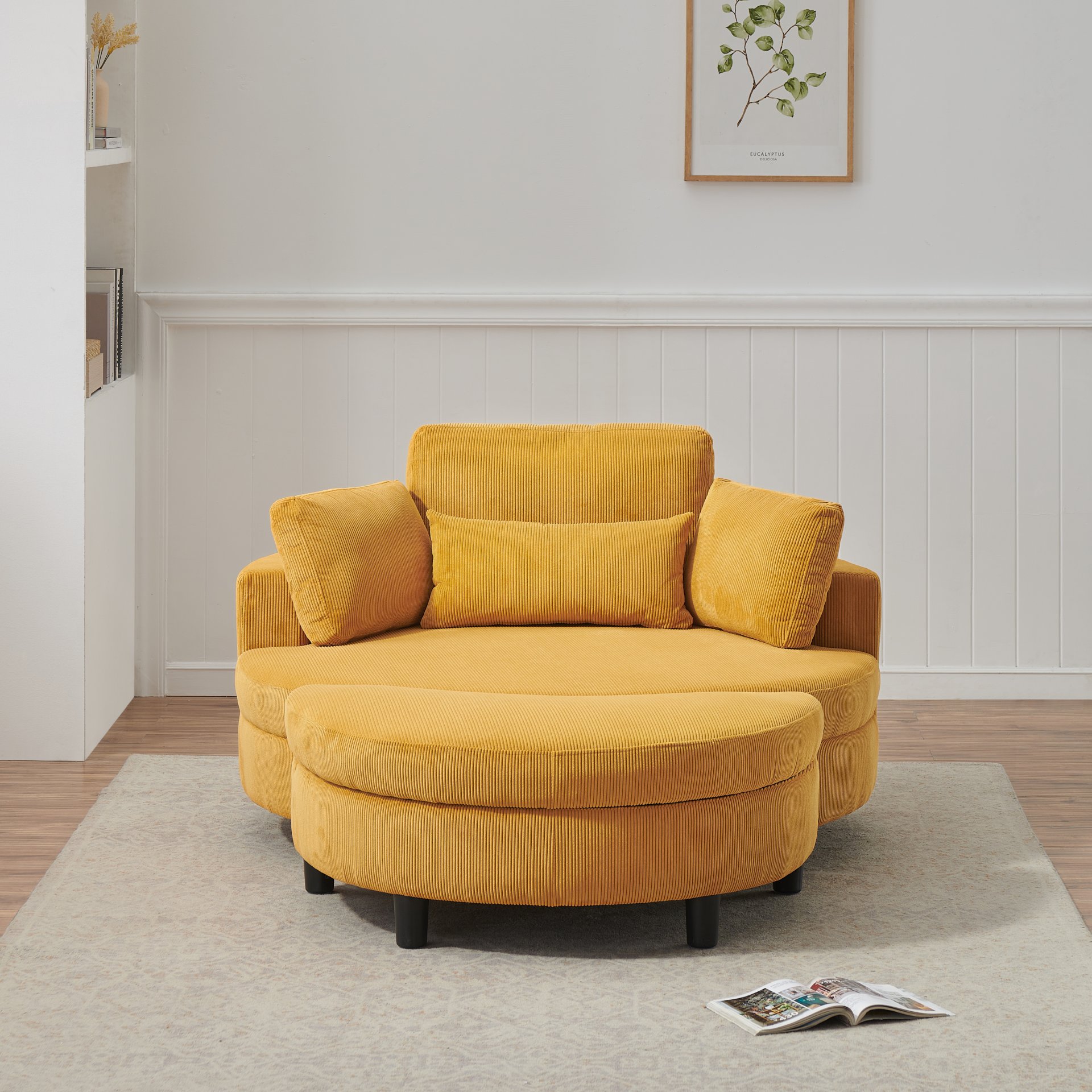 Corduroy Sofa With Two Throw Pillows And A Waist Pillow With An Extra Tray For Comfortable Seating Suitable For Small Apartment Bedroom Space - Yellow - Image 4