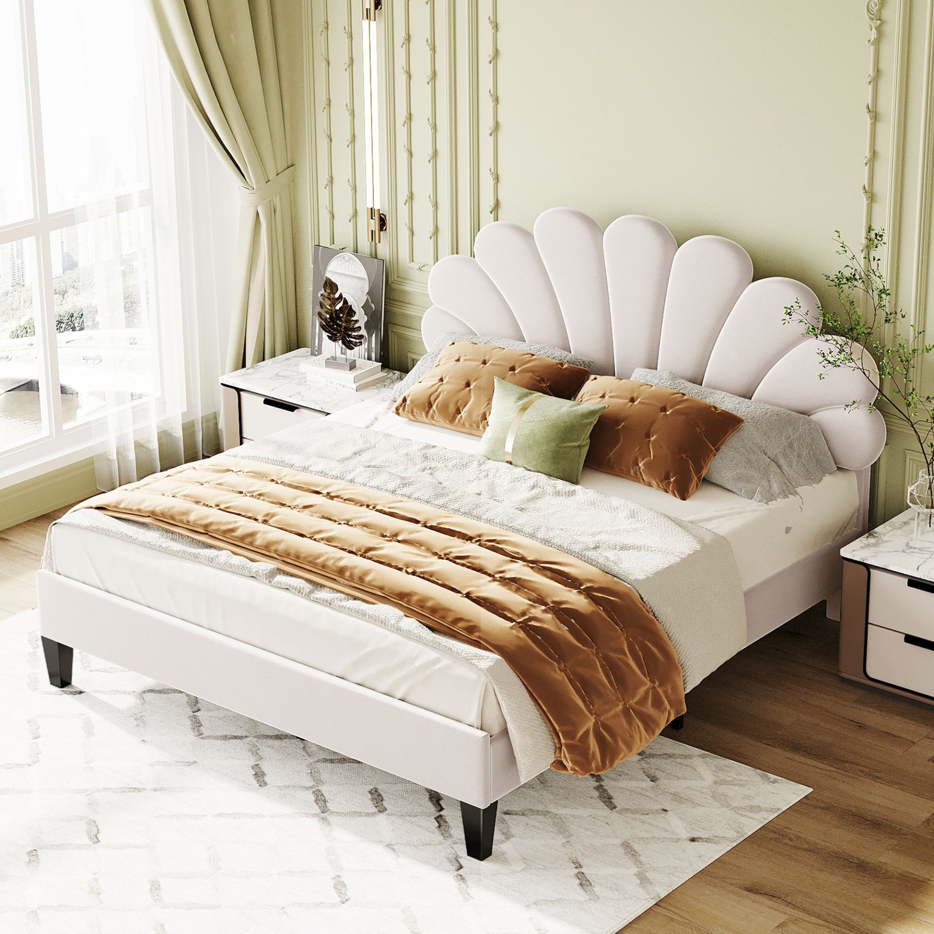Queen Size Upholstered Platform Bed With Flower Pattern Headboard - Beige - Image 2