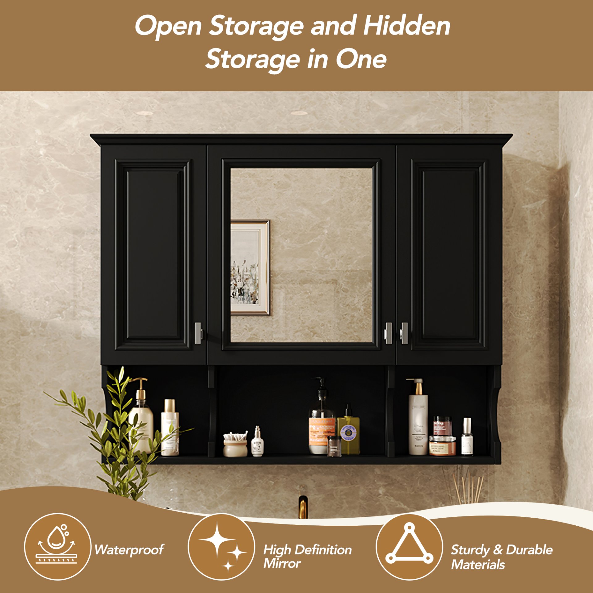 Wall Mounted Bathroom Medicine Cabinet, Modern Bathroom Wall Cabinet With Mirror, Mirror Cabinet With Open Shelves - Black - Image 6