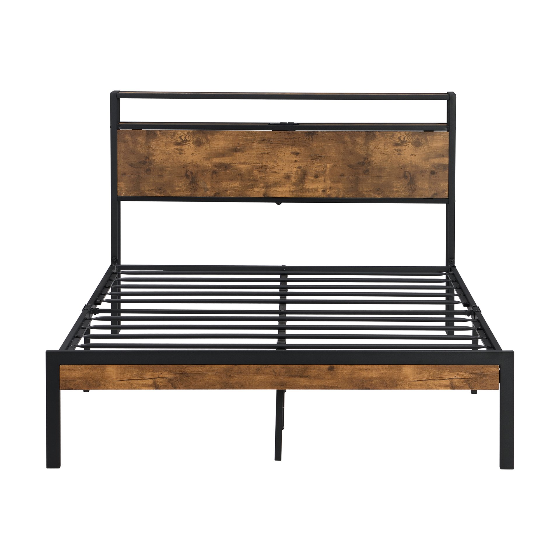 Full Size Metal Platform Bed Frame With Wooden Headboard And Footboard With USB Liner, No Box Spring Needed, Large Under Bed Storage - Brown - Image 4