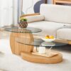 Modern Light Grain Double Layer Coffee Table Versatile Design, And Reinforced Glass, Oval Countertop - Transparent / Wood - Image 2