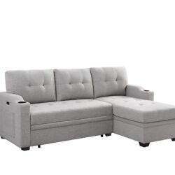 Mabel - Linen Fabric Sleeper Sectional With Cupholder, USB Charging Port And Pocket - Light Gray
