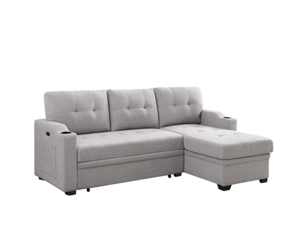 Mabel - Linen Fabric Sleeper Sectional With Cupholder, USB Charging Port And Pocket - Light Gray