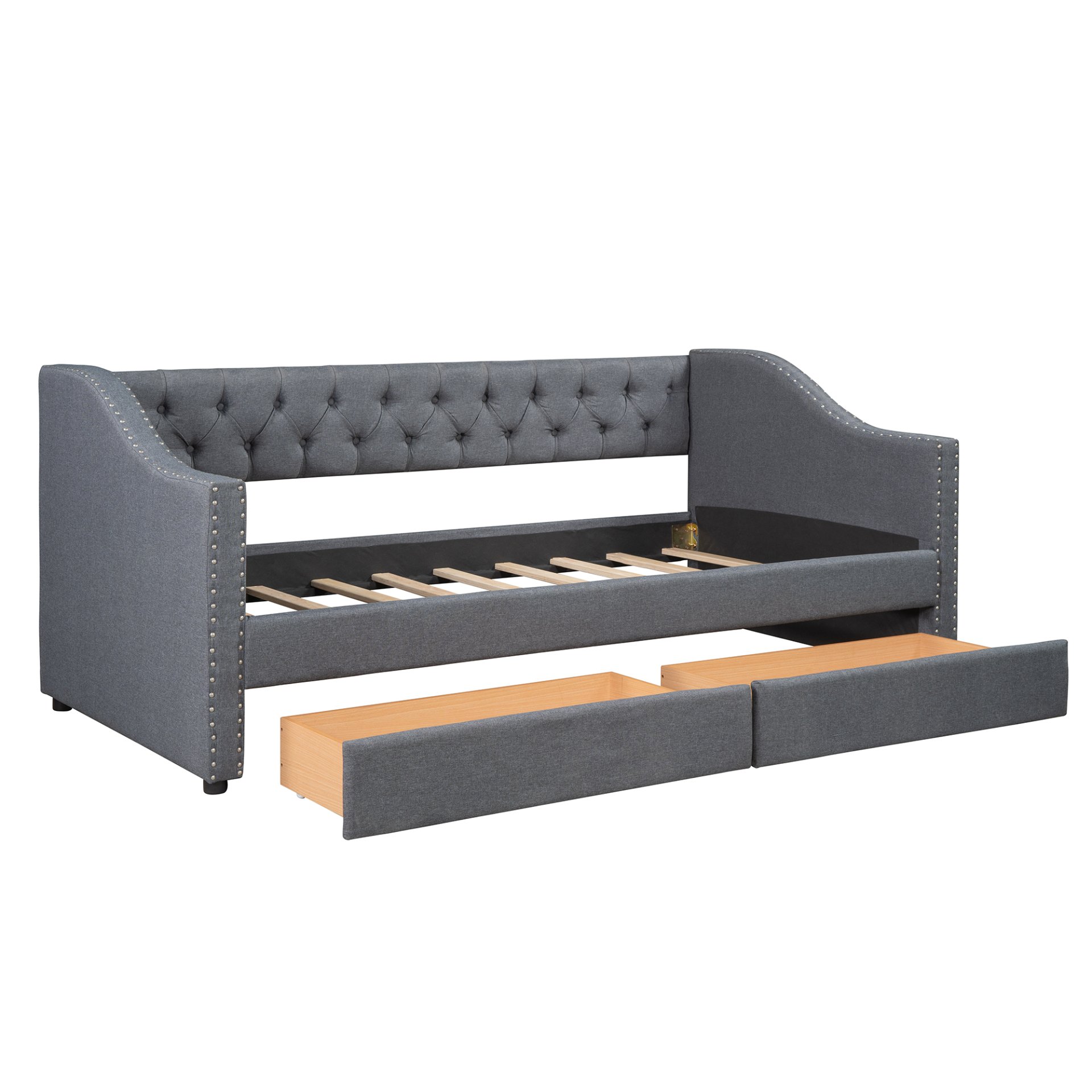 Twin Size Upholstered Daybed With Two Drawers, Slat Support - Gray - Image 5
