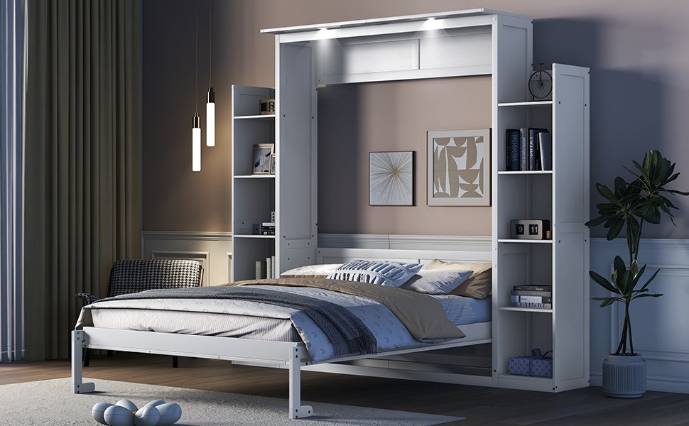 Queen Size Murphy Wall Bed With Shelves And LED Lights - White - Image 21