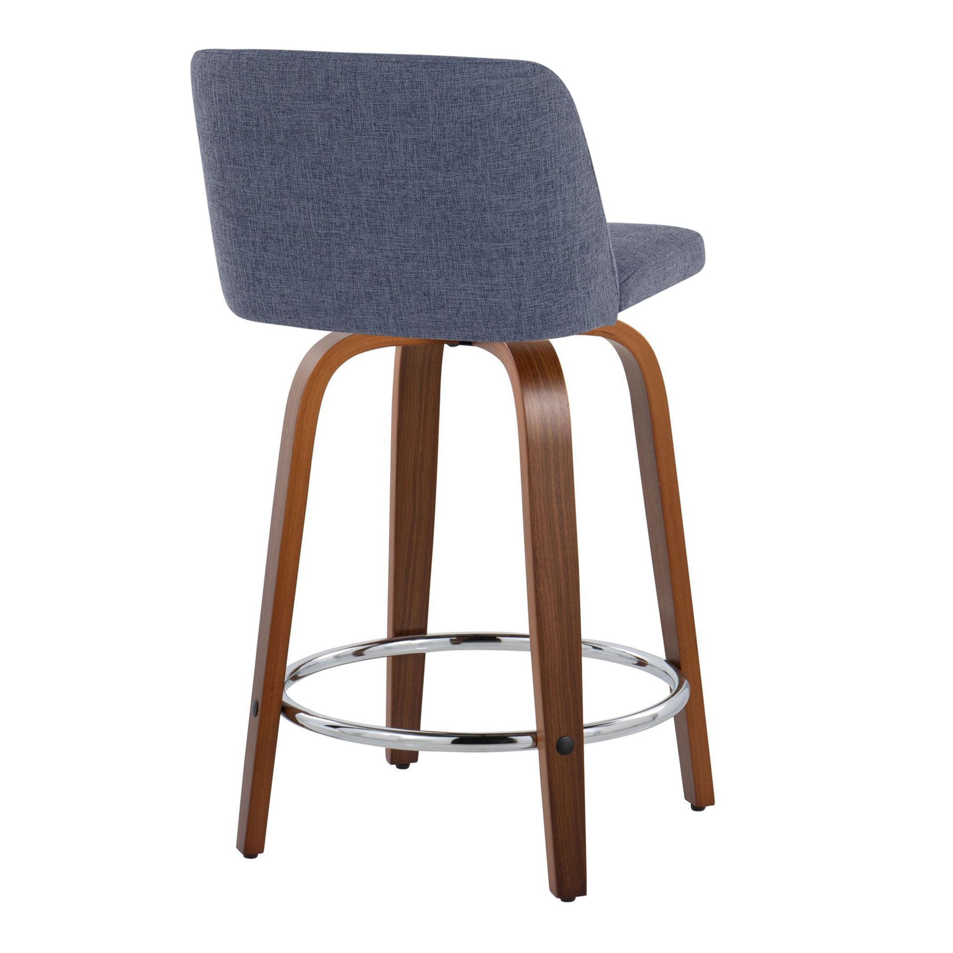 Toriano - Mid-Century Modern Fixed Height Counter Stool With Swivel With Round Footrest (Set of 2) - Walnut / Blue - Image 4