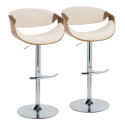 Curvo - Mid-Century Modern Adjustable Barstool With Swivel With Rounded T Footrest (Set of 2) - Chrome / Walnut / Cream