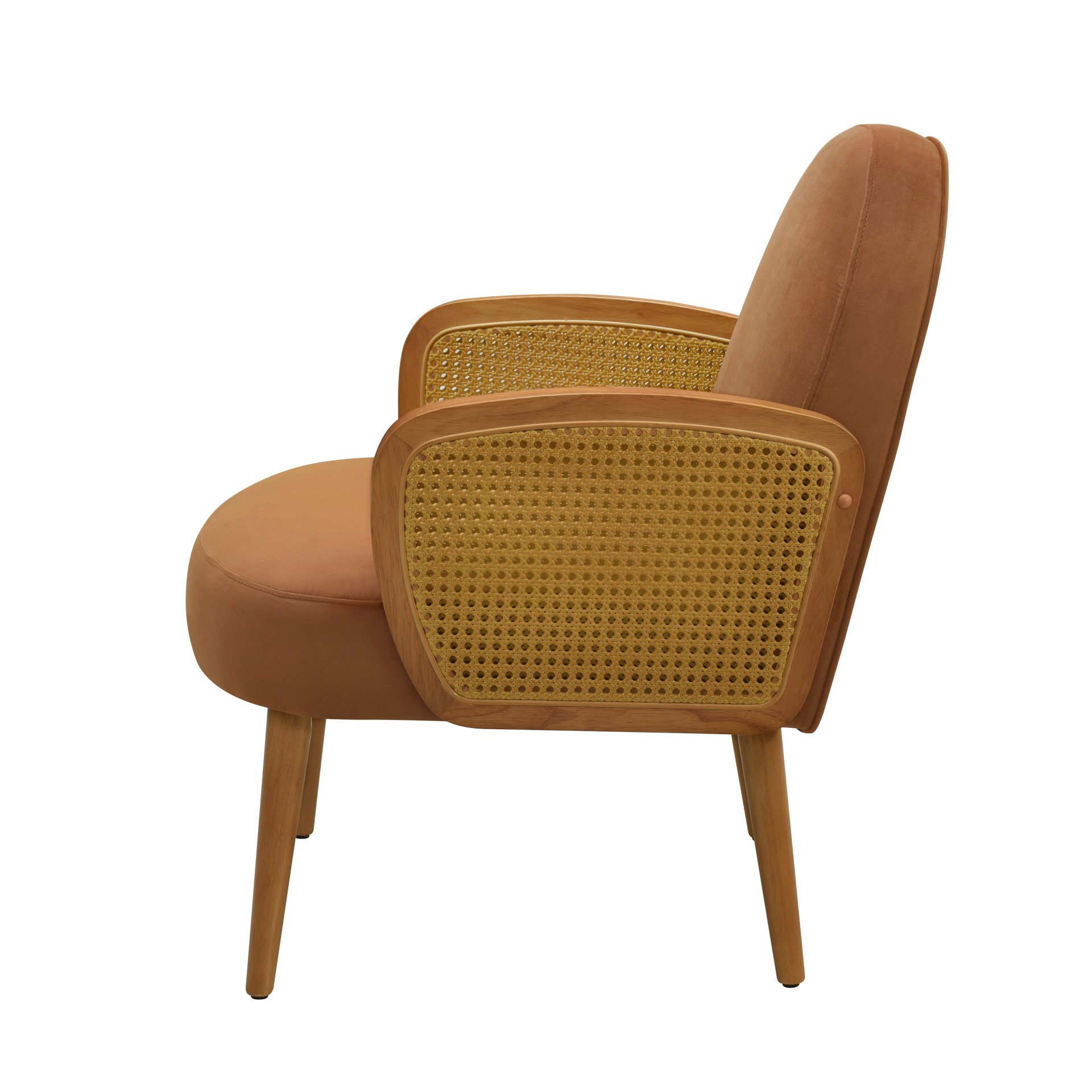 Mid Century Accent Chair With Rattan Armrests And Wooden Legs Velvet For Living Room, Bedroom, Or Balcony - Brown - Image 8