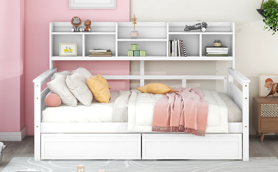 Full Size Daybed, Slat Support, With Bedside Shelf And Two Drawers - White - Image 14