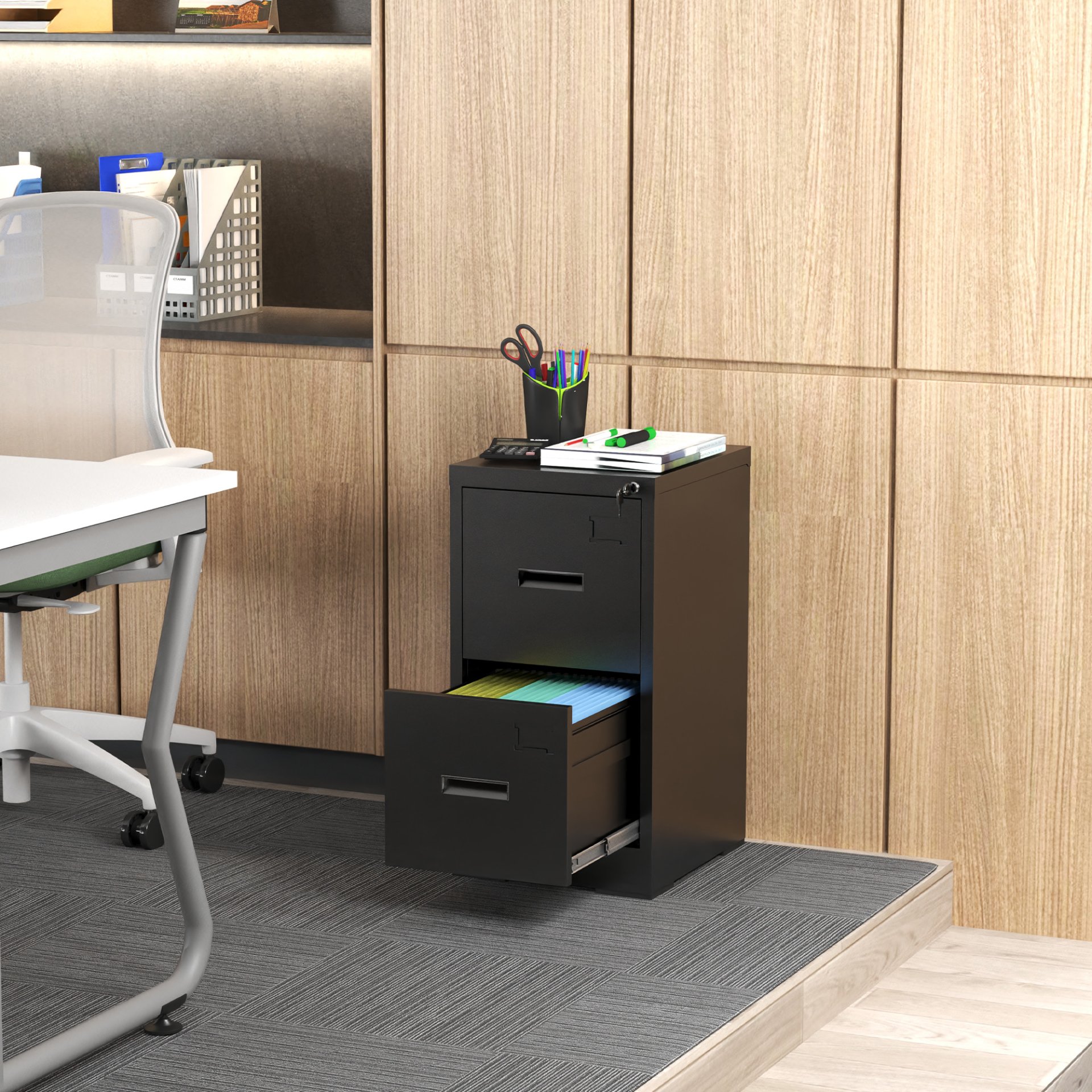 Modern 2 Drawer Metal Vertical File Cabinet With Lock And Card Slot For Office And Home Use - Black - Image 14
