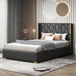 Full Size Upholstered Platform Bed With Strips - Black