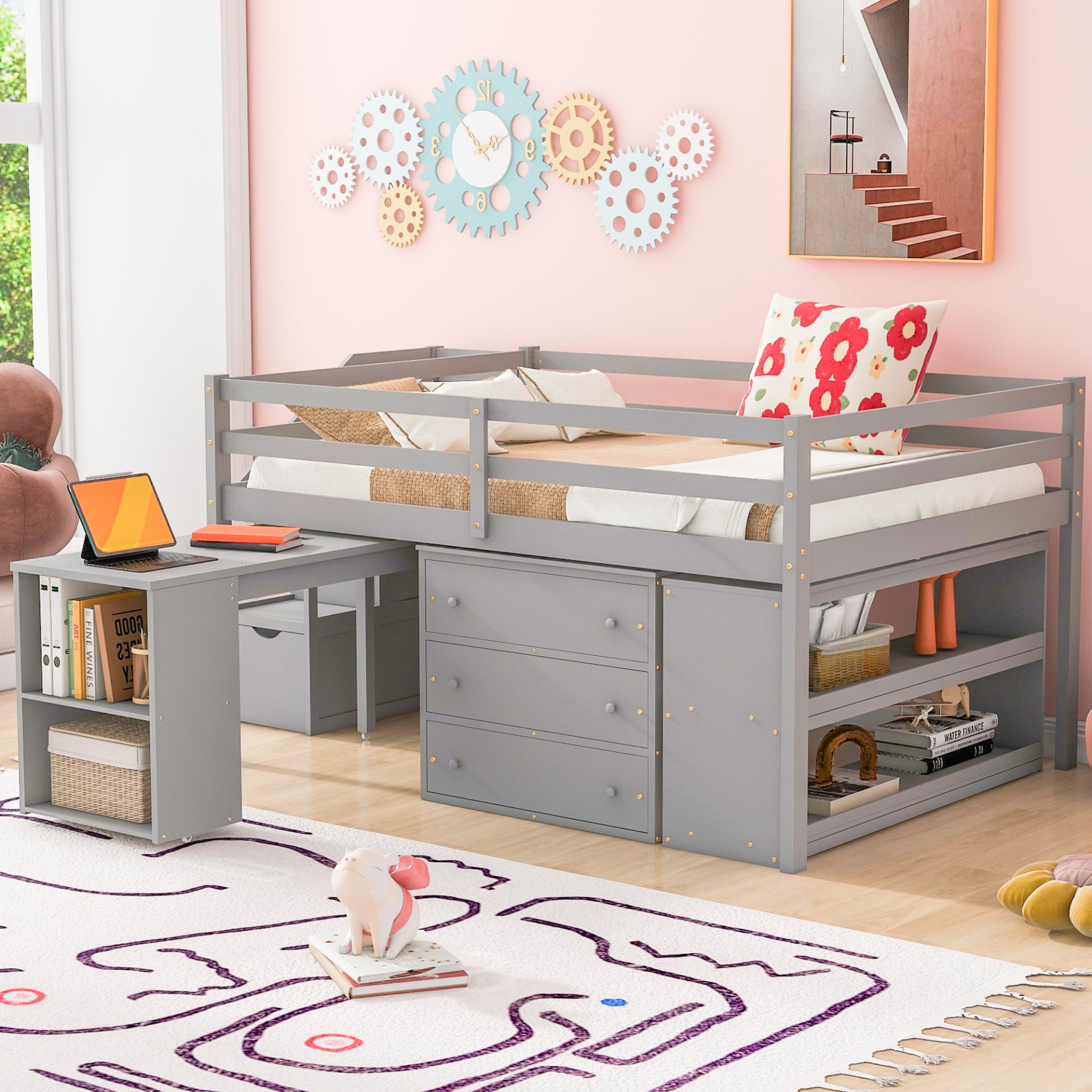 Full Size Loft Bed With Retractable Writing Desk And 3 Drawers With Storage Stairs And Shelves - Gray - Image 2