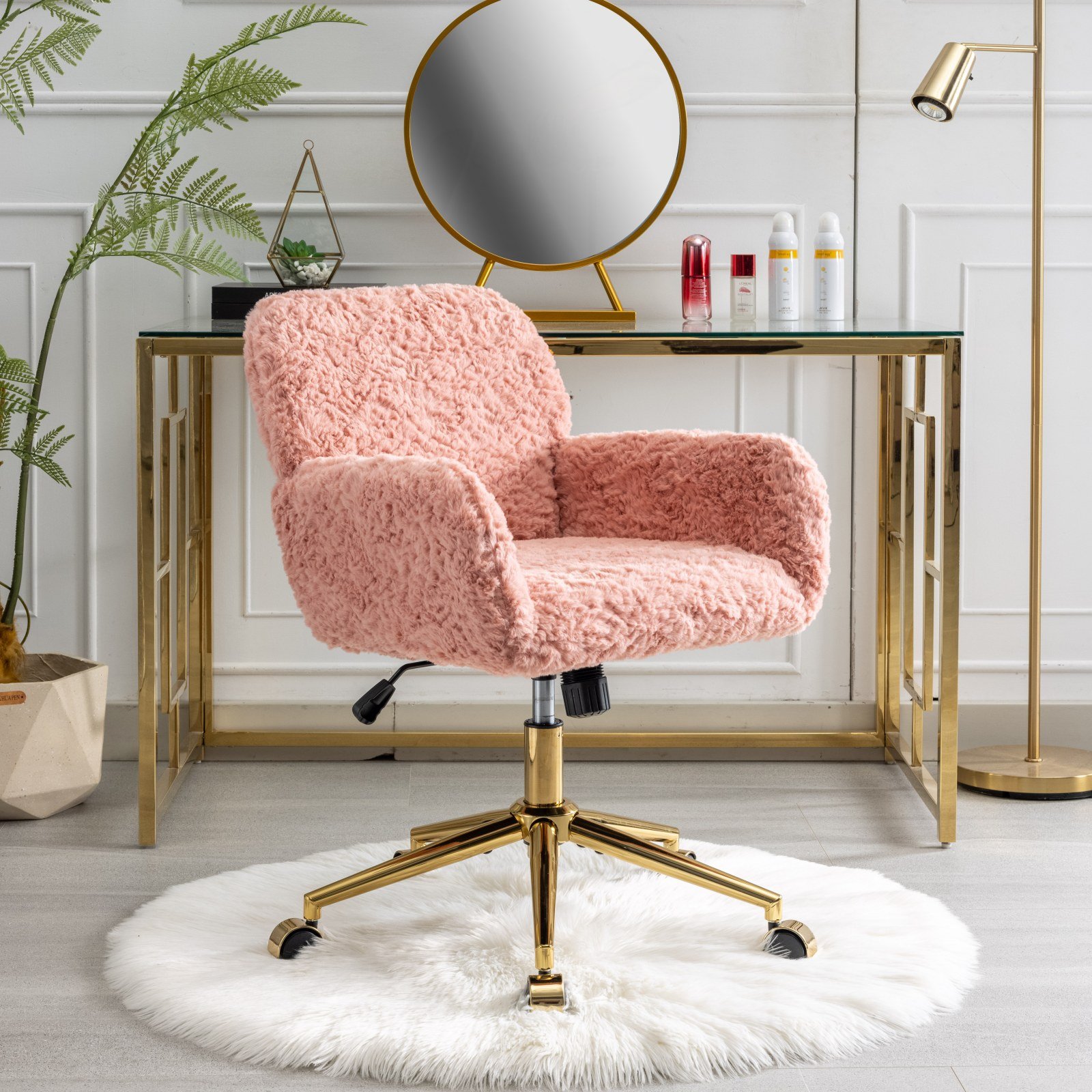 Office Chair, Artificial Rabbit Hair Home Office Chair With Golden Metal Base, Adjustable Desk Chair Swivel Office Chair, Vanity Chair - Pink - Image 17