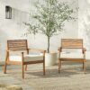 Modern 2 Piece Slat Back Solid Acacia Wood Patio Club Chair Set - Brown - Image 3