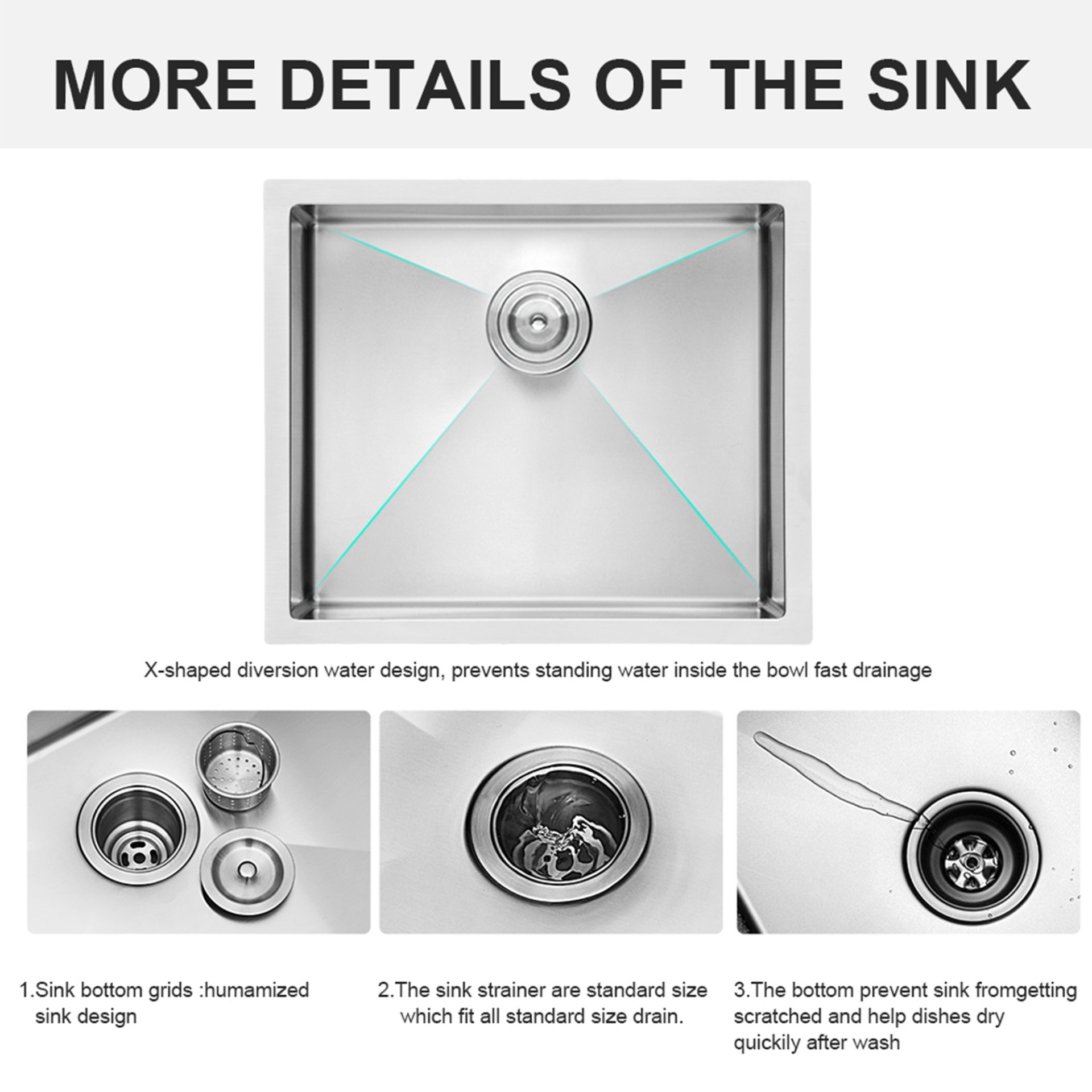 23" Undermount Kitchen Sink, 16 Gauge, 9" Deep Single Bowl - Brushed Nickel - Image 4