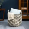 Round Resin Woven Wicker Multi Use Storage Basket With Handles - Cream / Gray - Image 2