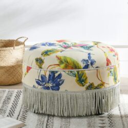 Yolanda - Tropical Floral Round Upholstered Accent Ottoman - Beige / Ivory