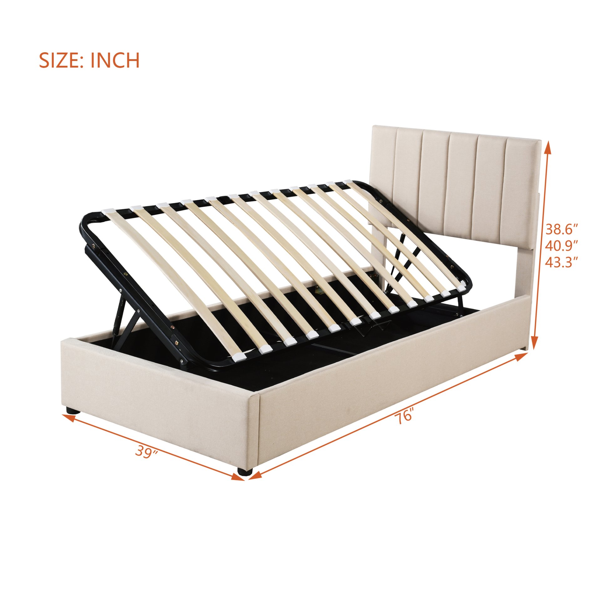 Twin Size Upholstered Platform Bed With A Hydraulic Storage System - Beige - Image 9