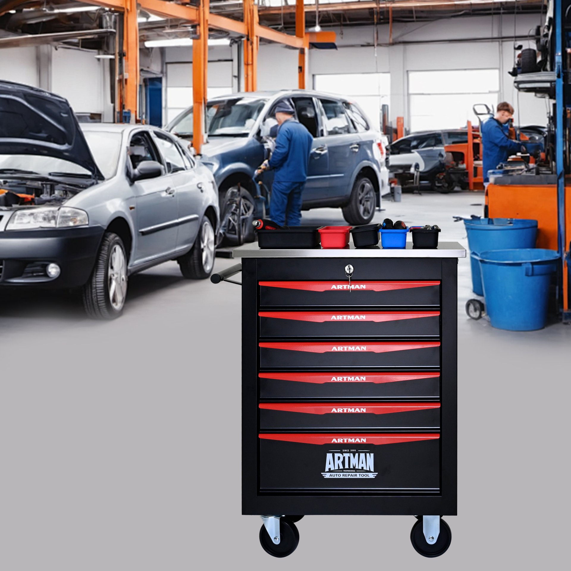 6 Drawer Multifunctional Tool Cart With Wheels, Metal Rolling Tool Cart Storage For Garage Workshop Warehouse Repair Shop With Stainless Steel Roof - Black / Red - Image 2