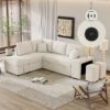 Convertible Sleeper, Sectional Pull Out Sofa Bed With Storage Ottoman, 2 Throw Pillows, 2 Stools, Wireless Charger And Two Hidden USB Ports For Living Room - Cream - Image 2