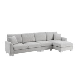 Modern Oversized Sectional Sofa, L-Shaped Luxury Couch Set With 2 Free Pillows, 5 Seat Chenille Indoor Furniture With Chaise - Light Gray