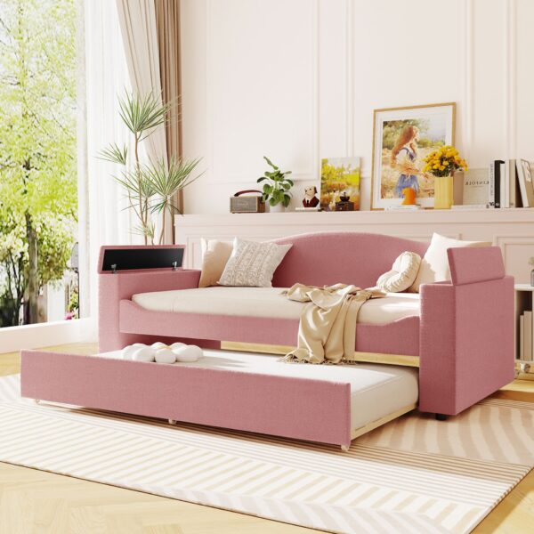 Twin Size Upholstered Daybed With Storage Armrests, Trundle And Latest Integrated Bluetooth Audio System - Pink