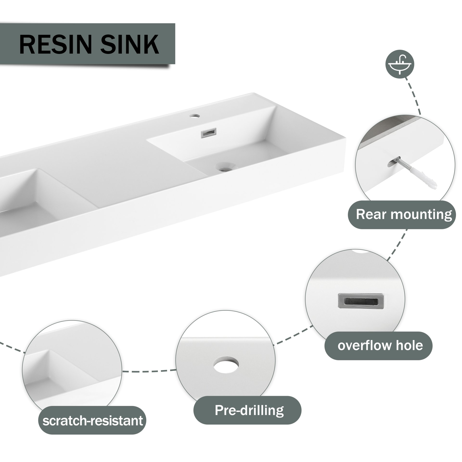 Contemporary Wall Mounted Bathroom Vanity With Dual Resin Sink And Soft Close Drawer - Imitative Oak - Image 7