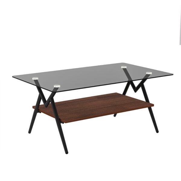 Rectangle Coffee Table With Tempered Glass Top And Brown MDF Shelf, Modern Table For Living Room - Gray
