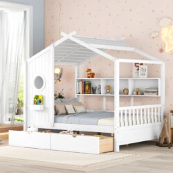 Full Size House Bed With 2 Drawers, Kids Bed With Storage Shelf - White