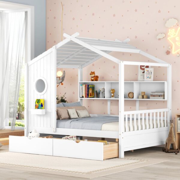 Full Size House Bed With 2 Drawers, Kids Bed With Storage Shelf - White