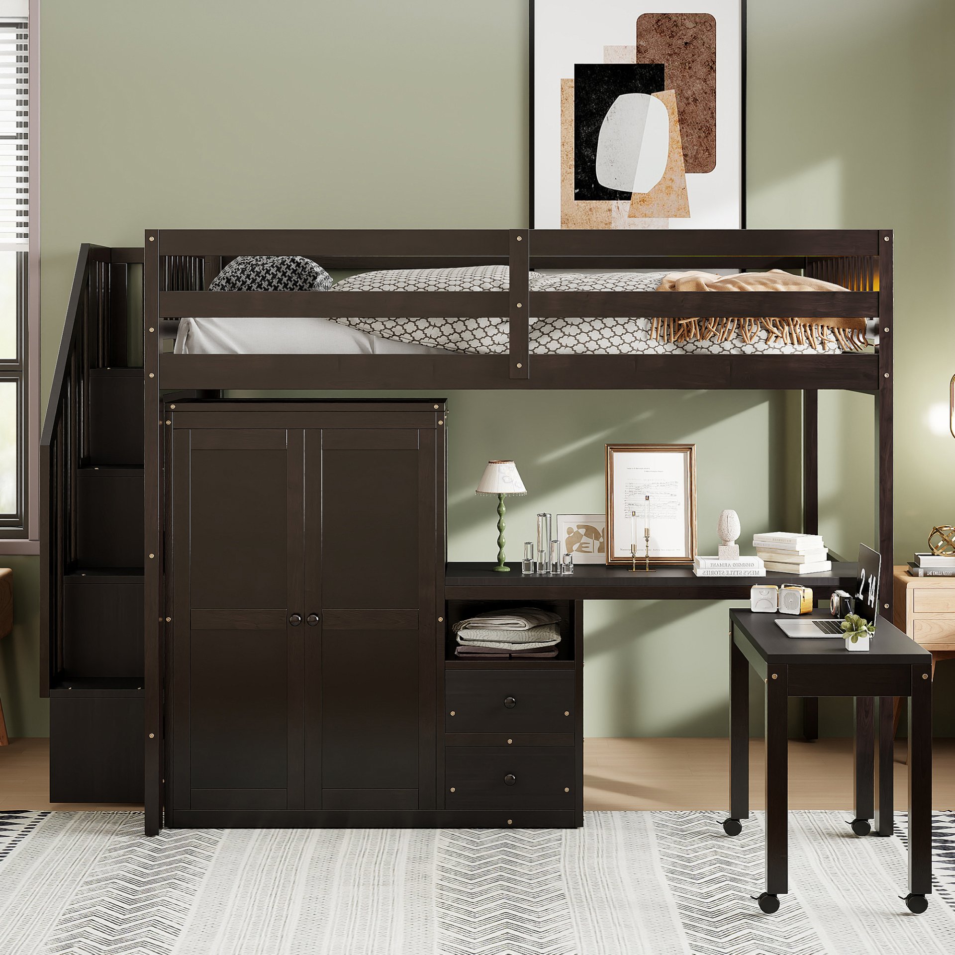 Full Size Loft Bed With Stairs, Bookshelf, Drawers, Desk & Wardrobe, Space Saving Multifunctional Furniture - Espresso - Image 2