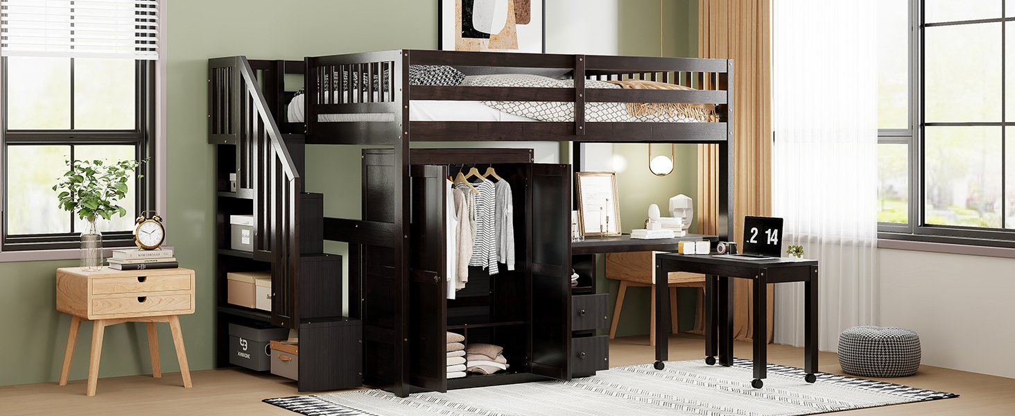 Full Size Loft Bed With Stairs, Bookshelf, Drawers, Desk & Wardrobe, Space Saving Multifunctional Furniture - Espresso - Image 24