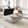 Modern Wood And Fabric Square Storage Ottoman Coffee Table With Lift - Top Design - Upholstered Bench For Living Room Organization - Beige - Image 2