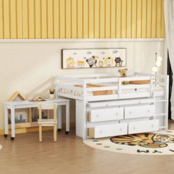 Twin Size Loft Bed With Retractable Writing Desk And 4 Drawers, With Lateral Portable Desk And Shelves - White