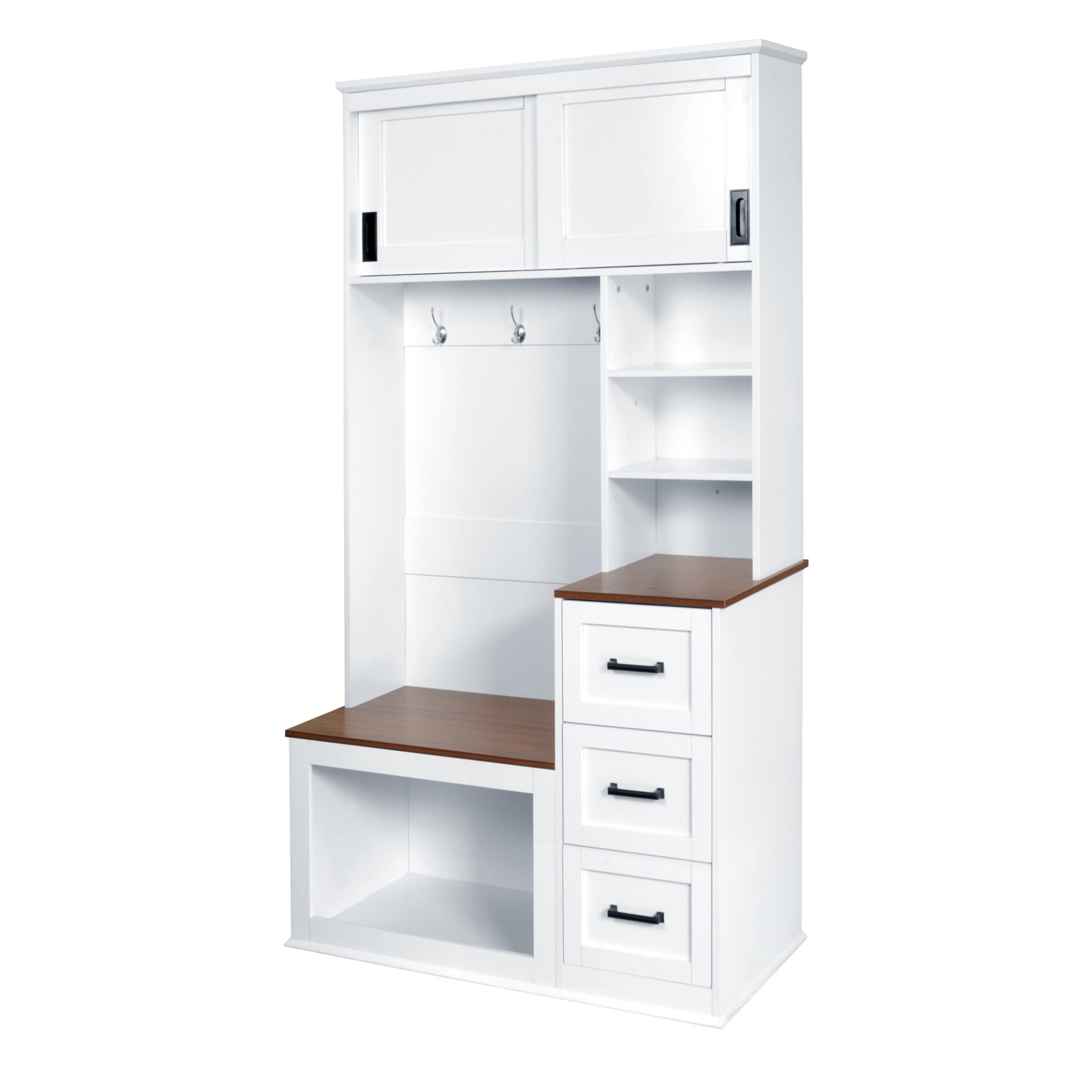 Modern Entryway Bench With Coat Rack, 3 Shelves And Drawers, 3 Sturdy Hooks, Wide Hall Tree With Storage Bench For Hallway - White - Image 9