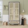 Tall Armoire Wardrobe Closet With 2 Rattan Doors & 1 Drawer, Boho Clothes Storage Cabinet With Hanging Rod For Bedroom - Natural / Black - Image 4
