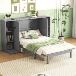 Queen Size Murphy Bed With Shelves, Drawers And USB Ports - Gray